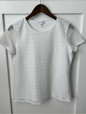 Calvin Klein White Short Sleeve Striped Texture Crewneck Top